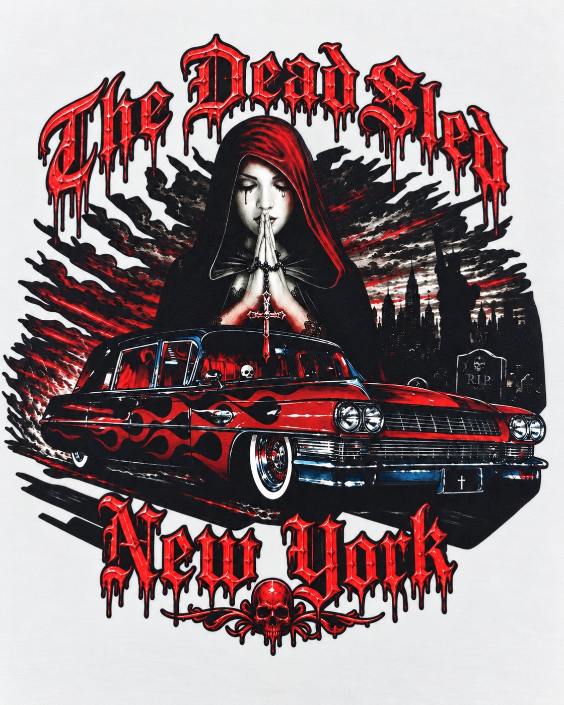 Full color print on a white shirt: a flame-painted hearse beneath a hooded figure holding a rosary, with gothic red lettering reading The Dead Sled, New York, over a city skyline and gravestones.